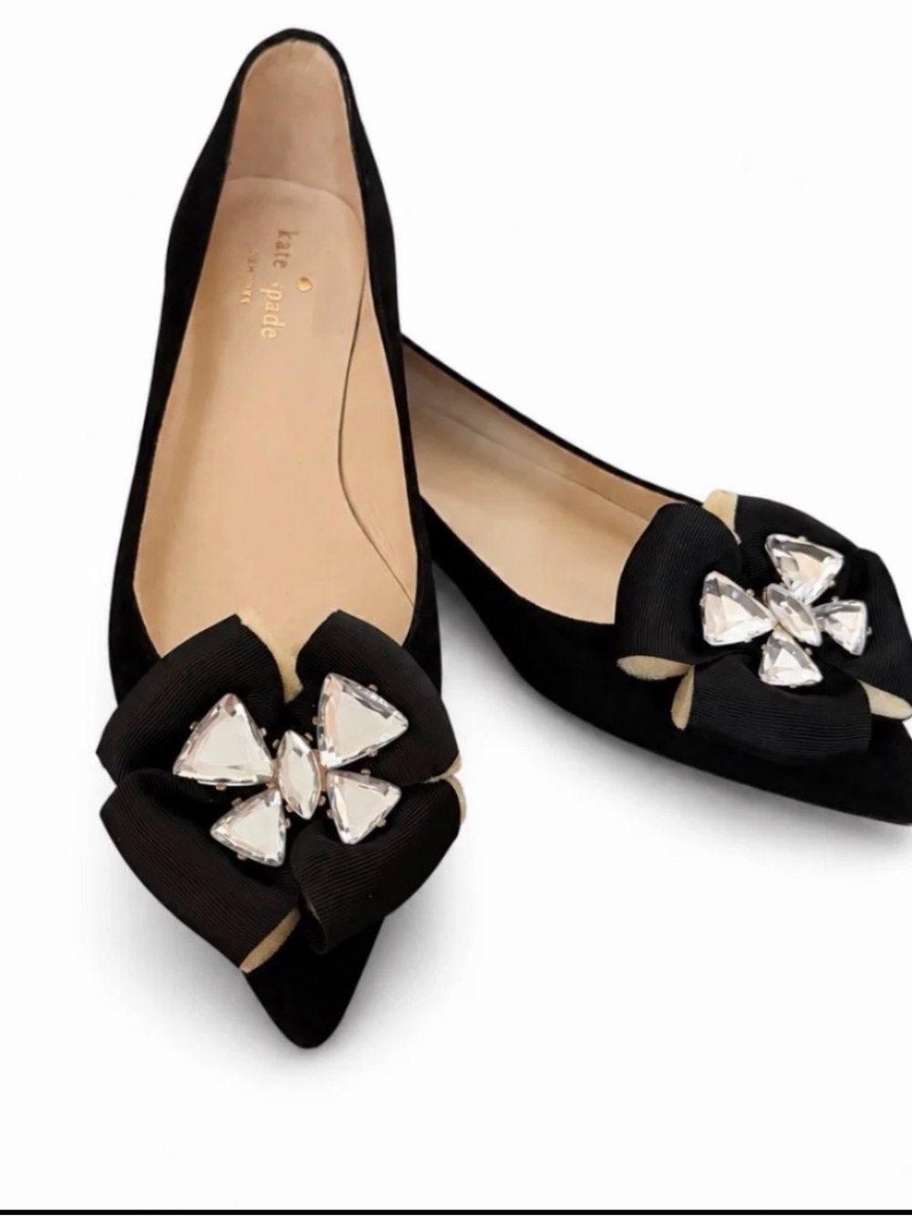 Kate Spade black suede flats with grosgrain jeweled bows - Picture 2 of 9